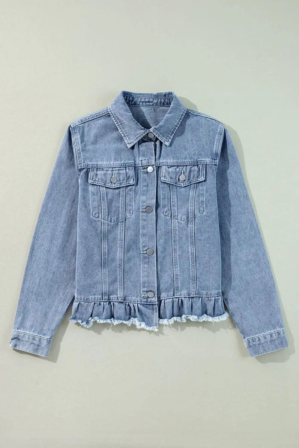 Beau Blue Ruffle Raw Hem Flap Pockets Denim Jacket - Love Salve